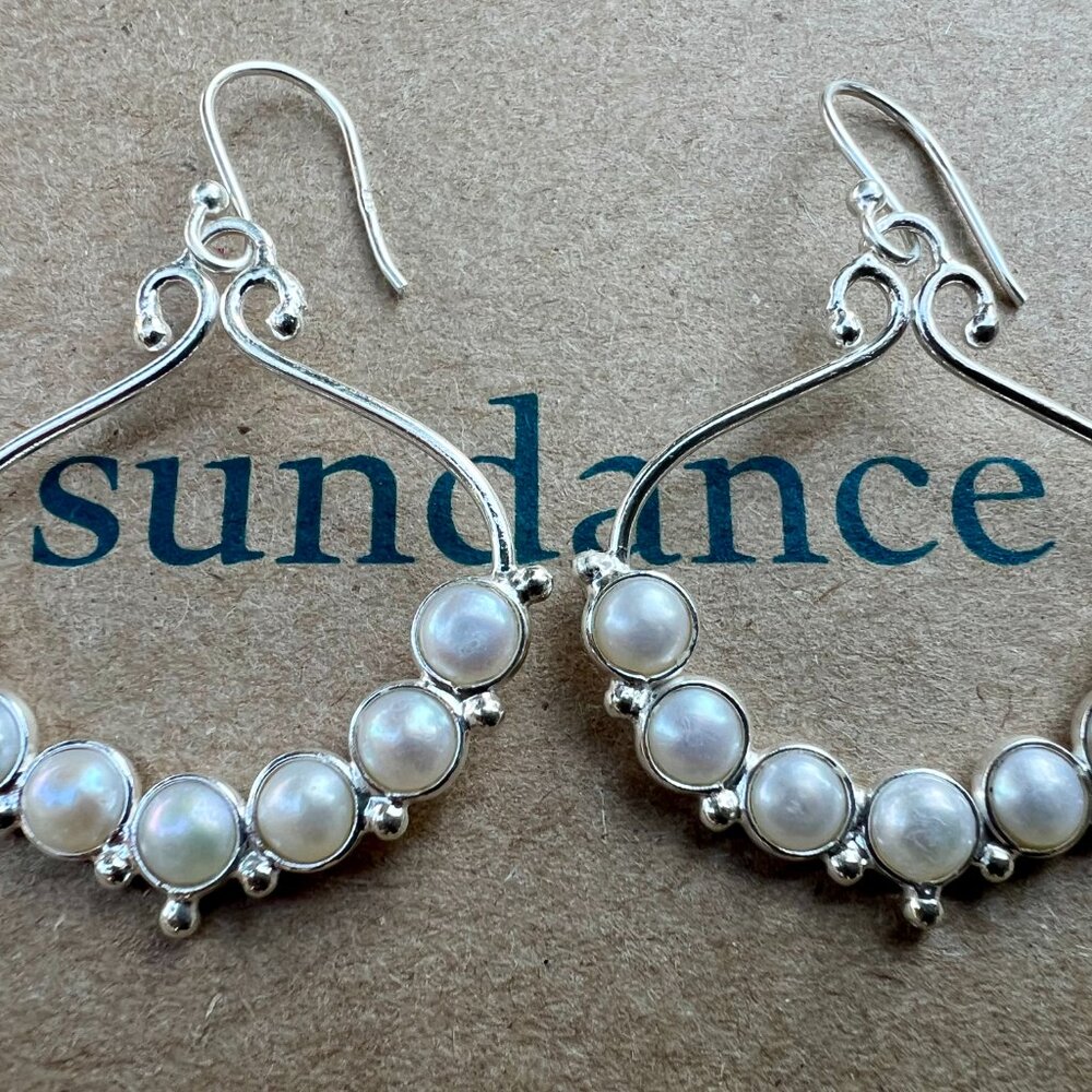Sundance Catalog $148 NEW 2" PEARL Sterling Silver Hoops Earrings Bridal Boho - Picture 8 of 9